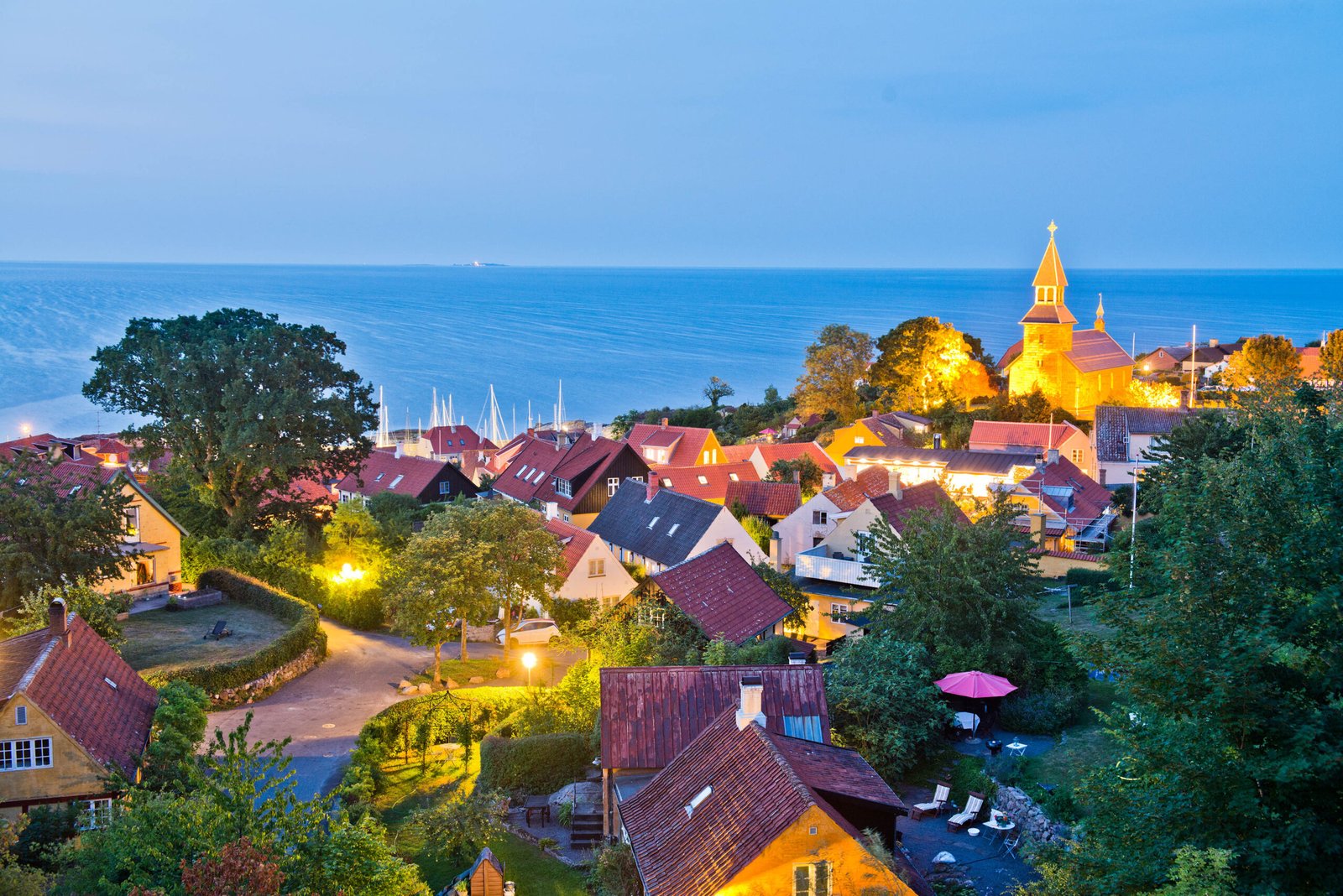 Gudhjem rooftops and Baltic Sea
